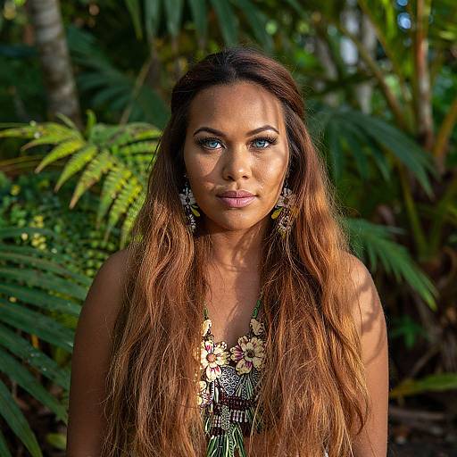 Photograph of a beautiful, brown-skinned woman with long, wavy, brown hair, wearing floral-patterned green dress and intricate earrings, standing