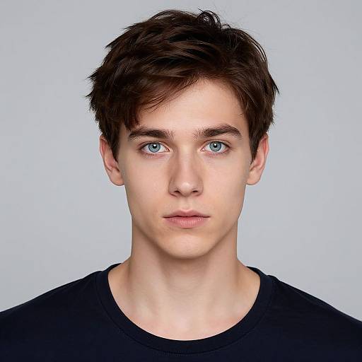 Photograph of a young Caucasian man with light skin, blue eyes, dark brown tousled hair, and wearing a black shirt, against a plain light