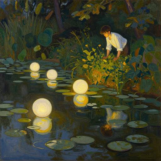 Nighttime pond scene with glowing yellow orbs, a young boy in a white shirt bending to pick flowers, surrounded by lush greenery. Impressionist