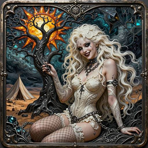 Digital fantasy artwork: Blonde witch with flowing hair, white corset, fishnet stockings, holding glowing tree, camp tent in dark, stormy desert