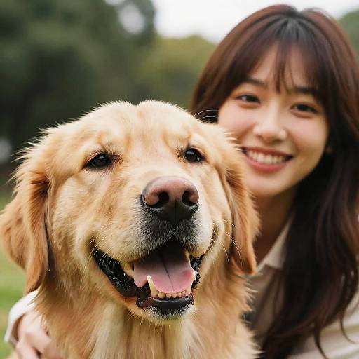 Photograph of a smiling Asian woman with long brown hair, standing beside a happy golden retriever with a light tan coat.
