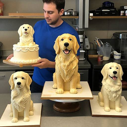 Photograph of a man in a blue shirt holding a cream-colored cake shaped like a golden retriever, surrounded by four detailed cake toppers of golden