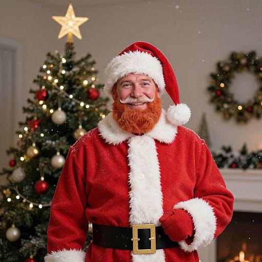 Photograph of a bearded, smiling Santa Claus in a red velvet suit with white fur trim, standing in front of a Christmas tree with a glowing