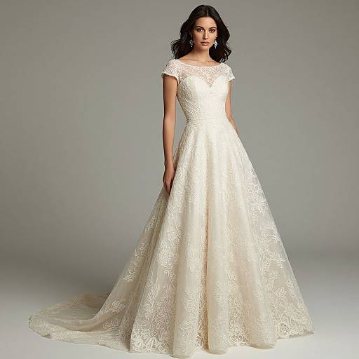 Photograph of a dark-haired woman in a white, lace-embellished, full-length, A-line wedding gown with short sleeves, standing against