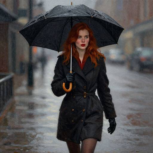 Photograph of a red-haired woman with fair skin, wearing a black coat, gloves, and holding a black umbrella, walking in a rainy urban street