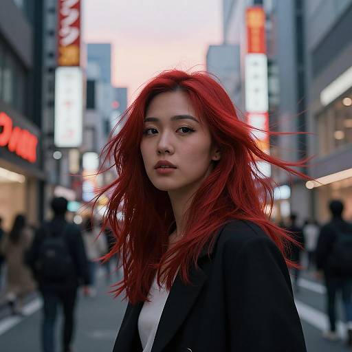 Photograph of a young Asian woman with vibrant red hair, wearing a black blazer, standing in a bustling city street at dusk, with neon signs
