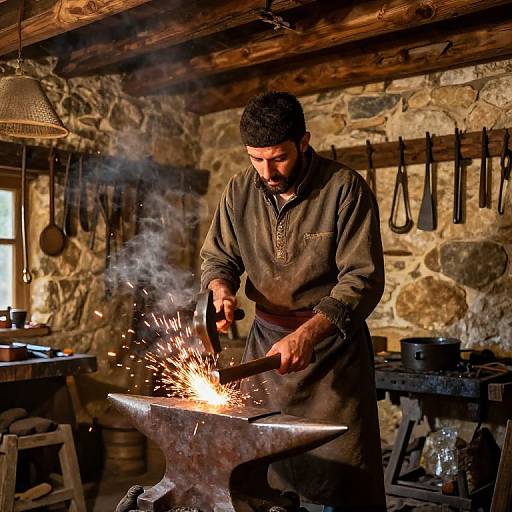 Photograph of a bearded blacksmith in a rustic stone-walled workshop, sparks flying as he hammers metal on a glowing anvil.