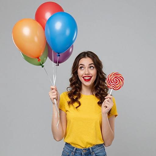 Photograph of a smiling woman with wavy brown hair, wearing a yellow shirt and blue jeans, holding colorful balloons and a large red swirl lollipop