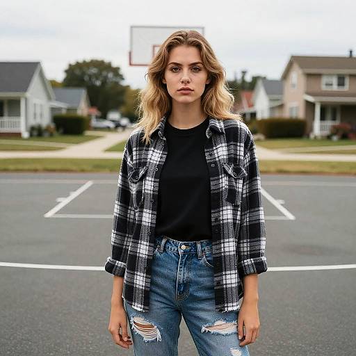 Photograph of a blonde woman with wavy hair, wearing a black and white plaid shirt, black t-shirt, and ripped jeans, standing in