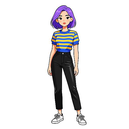 Digital anime-style drawing of a young woman with purple hair, wearing a striped yellow and blue top, black high-waisted pants, and white sneakers