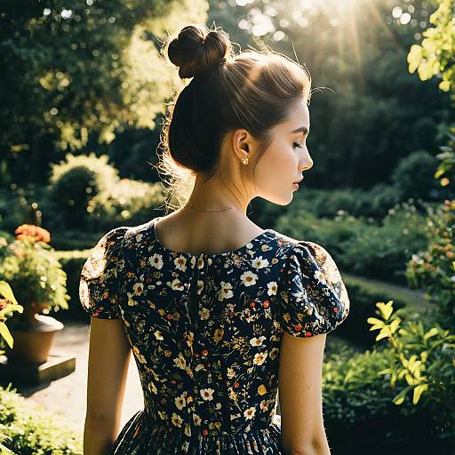 Fashion Model with Half-Up Bun and Floral Dress in Botanical Garden