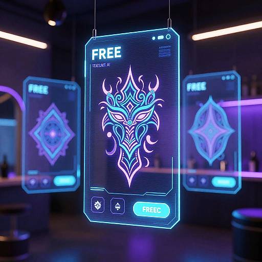 Digital display with neon blue and purple glowing interface showing a stylized, tribal, ornate design labeled 
