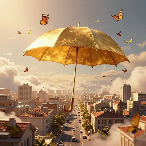 Surreal Floating City with Golden Umbrella
