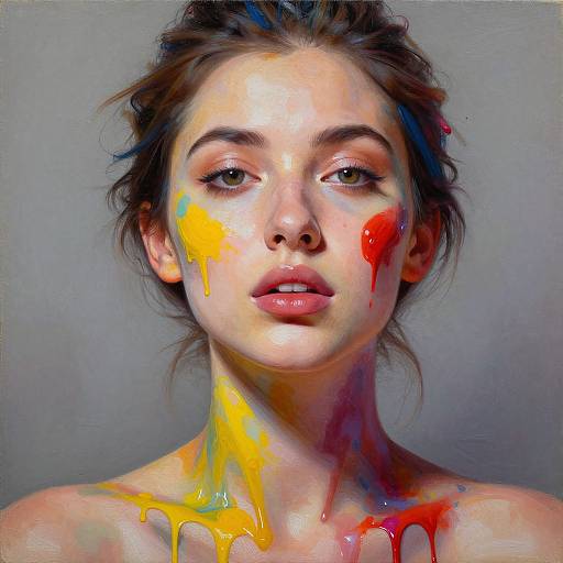 Digital painting of a young woman with fair skin and brown hair, face and neck painted with vibrant yellow, red, and blue paint, against a gray