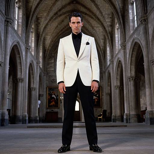 Photograph of a confident man in a white tuxedo, black shirt, and black pants standing in a grand, Gothic-style cathedral.
