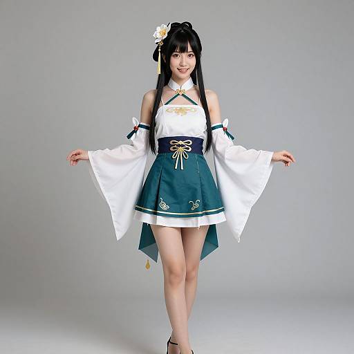 Asian woman in white and teal traditional Korean hanbok, black hair with white flower, smiling, standing against plain gray background. Photographic image.