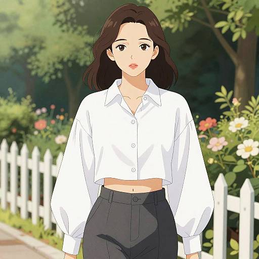 Stylish Woman in White Cropped Shirt in Flower Garden