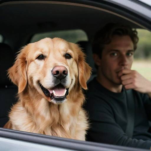 Man and Golden Retriever in Car