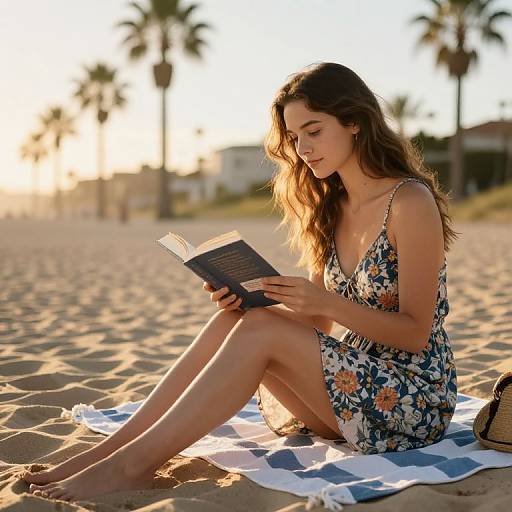 Photograph of a young woman with long brown hair, wearing a floral dress, sitting on a blue-striped beach towel, reading a book at sunset,