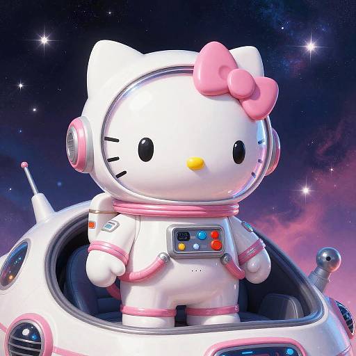 Digital artwork of Hello Kitty in a futuristic astronaut suit with a pink bow, standing in a spacecraft cockpit against a starry, nebula-filled background.