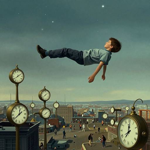 Photograph of a boy in mid-air, wearing gray shirt and dark pants, above a cityscape with multiple oversized clocks in the background. Starry