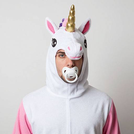Photograph of a man wearing a white unicorn costume with a gold horn, pink ears, and a pink and white body, against a plain white background