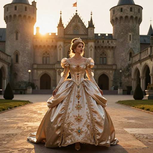 Photograph of a regal woman in an ornate, gold-embroidered, ivory ball gown, standing before a sunlit, medieval castle