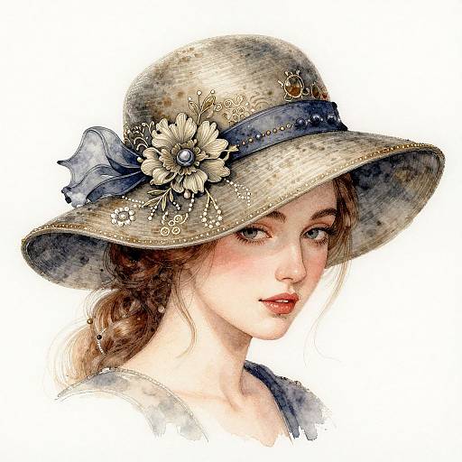 Digital watercolor portrait of a young woman with fair skin, red lips, and blue eyes, wearing a floral-decorated, wide-brimmed