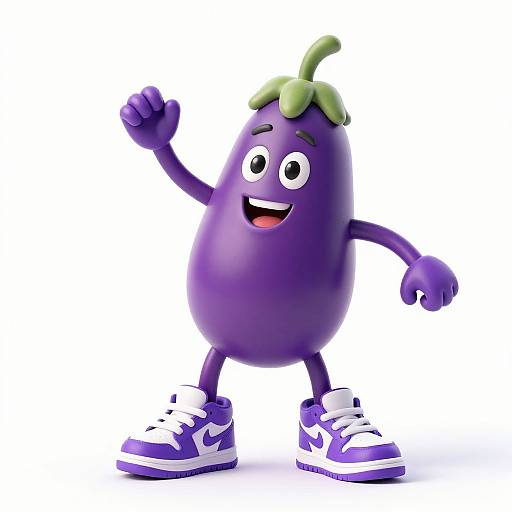 3D CGI cartoon purple eggplant character with green top, smiling, waving, wearing purple and white sneakers, standing on white background.