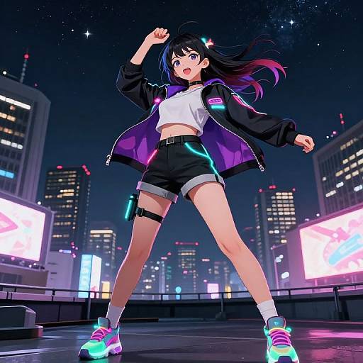 Anime-style digital artwork of a young woman with black and purple hair, wearing a neon jacket, white crop top, black shorts, and glowing sneakers,