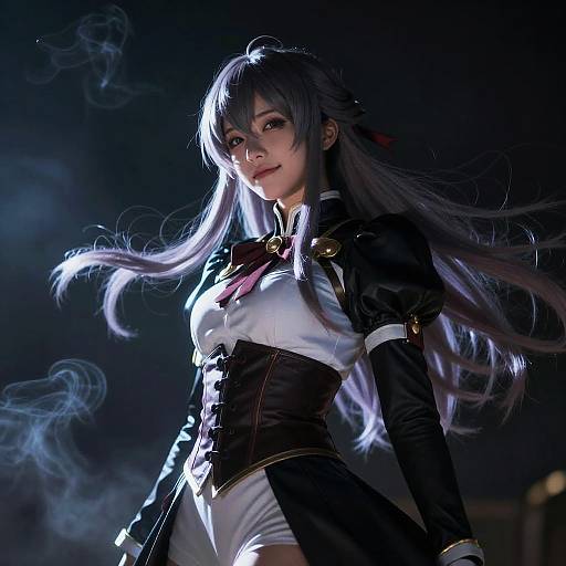 Digital art of a confident anime woman with long, silver hair, wearing a black and white military-style outfit, illuminated by dramatic blue lighting, with sm
