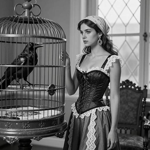 Woman in Vintage Dress with Raven in Birdcage