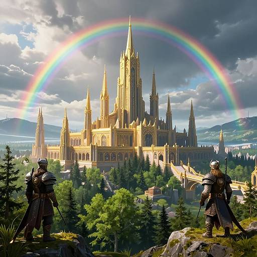 Digital fantasy artwork of two armored knights standing on a rocky hill, gazing at a majestic golden cathedral with a vibrant rainbow arching over it in a