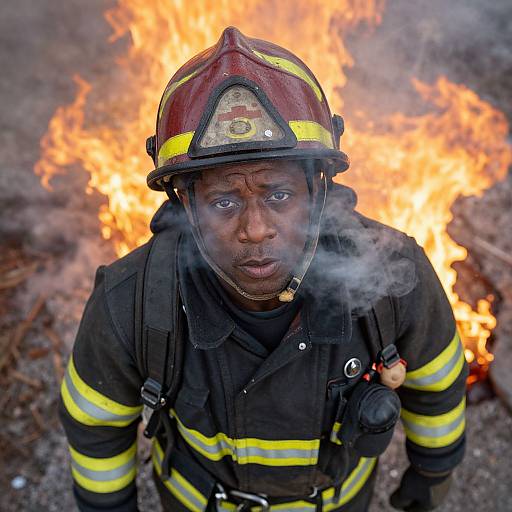 Photograph of African-American male firefighter with intense expression, black gear, red helmet, and yellow stripes, standing in front of bright orange flames. Smoke
