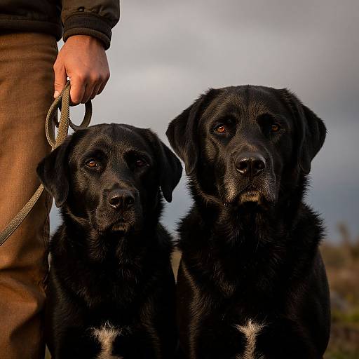 Photograph of a person holding a leash with two black Labrador Retrievers, standing side by side, against a cloudy sky background.