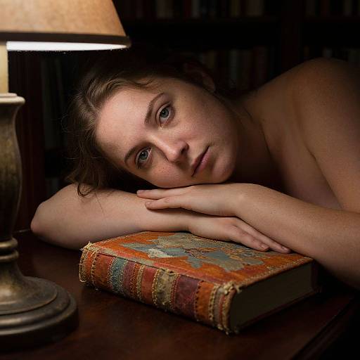 Photograph of a topless woman with fair skin and brown hair, resting her head on a patterned book by a dimly lit lamp.