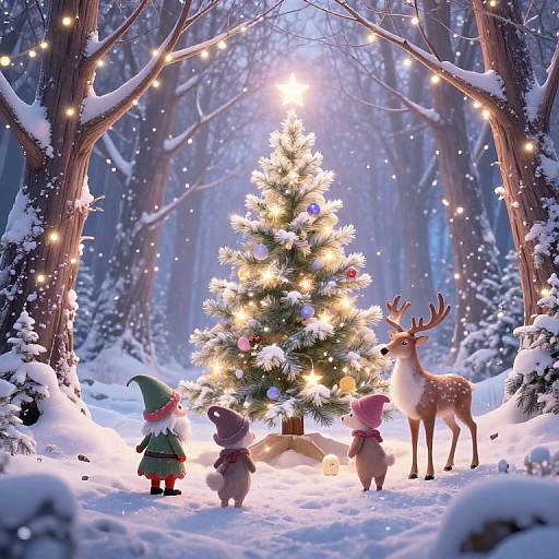 Photograph of a snowy forest with a glowing Christmas tree, elf dolls, a reindeer figurine, and string lights. Snow-covered trees frame the