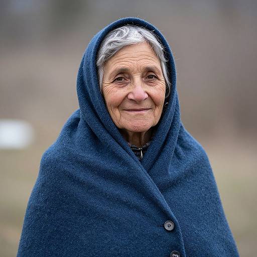 Photograph of an elderly woman with silver hair, smiling gently, wrapped in a dark blue woolen hooded cloak, against a blurred outdoor background.