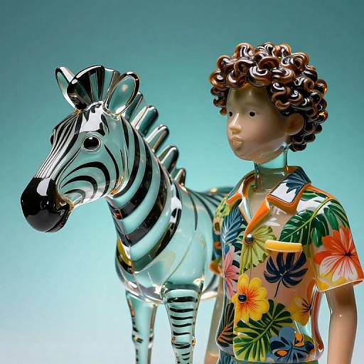 Photograph of a colorful doll with curly brown hair and floral shirt standing beside a shiny, black-and-white zebra figurine.