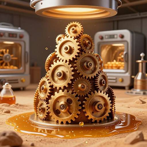 Photograph of a metallic gear pyramid submerged in amber liquid, illuminated by overhead light, set on a workshop table with vintage machinery in the background.