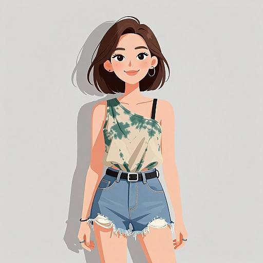 Digital anime-style drawing of a smiling Asian woman with short brown hair, wearing a tie-dye tank top and frayed denim shorts.