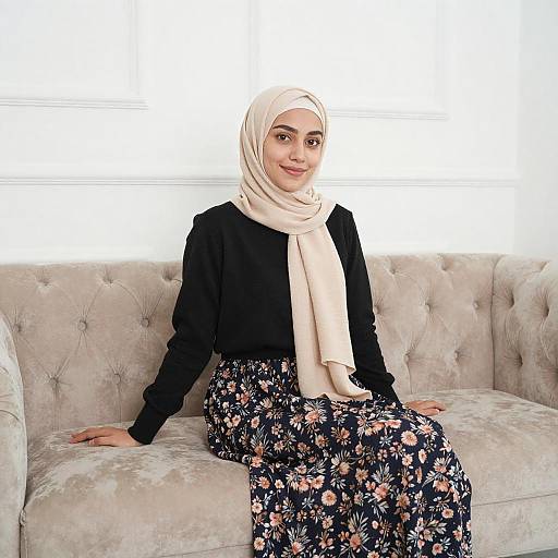 Young Woman in Hijab on Velvet Sofa