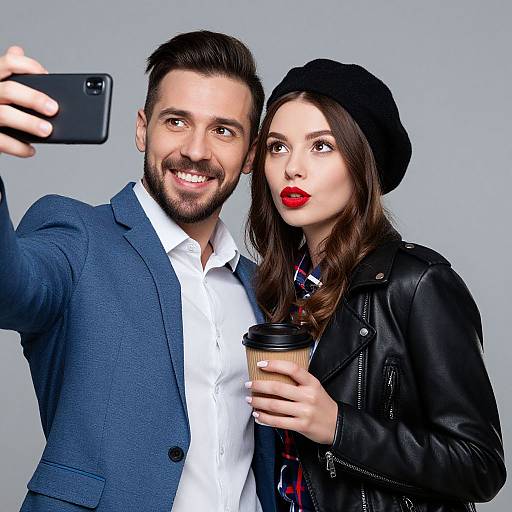 Photograph of a smiling bearded man in a blue blazer and white shirt, and a woman with red lips, black beret, leather jacket