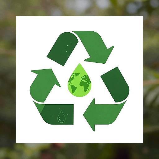 Photograph of green recycling symbol with a green water drop and small globe in center, set against a blurred natural background.