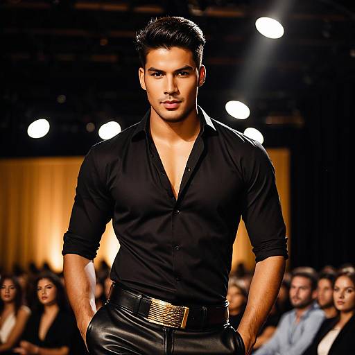 Confident Male Model in Black Outfit at Fashion Show