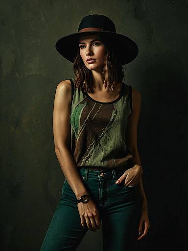 Woman in Earth Tone Sleeveless Top and Wide-Brimmed Hat