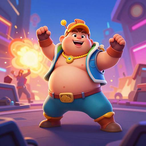 Cartoonish, chubby man with orange cap, blue vest, and green pants, fists raised, smiling, amidst a vibrant, explosive city street.