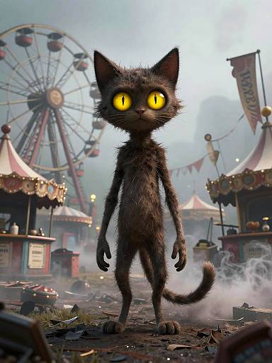 CGI image of a tall, dark-furred, yellow-eyed cat standing in a foggy, abandoned carnival with a Ferris wheel and torn booths
