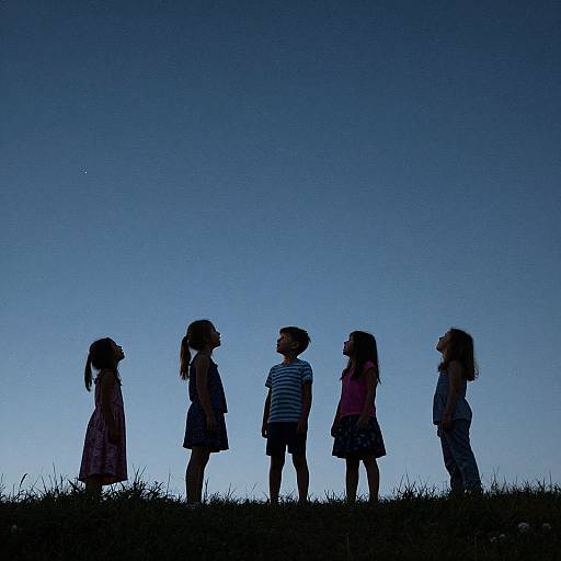 Photograph of five silhouetted children standing in a row against a deep blue twilight sky, grassy ground below.