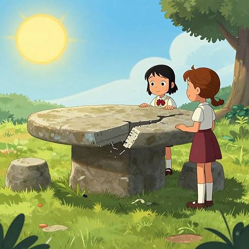 Digital anime-style drawing: Two young girls in school uniforms play with a paper fan at a stone table in a sunny, grassy park.
